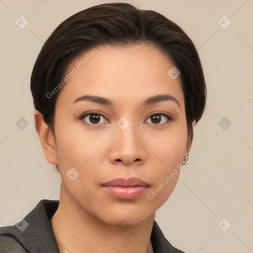 Neutral asian young-adult female with medium  brown hair and brown eyes