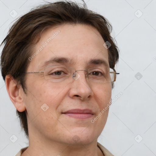 Joyful white adult female with short  brown hair and brown eyes