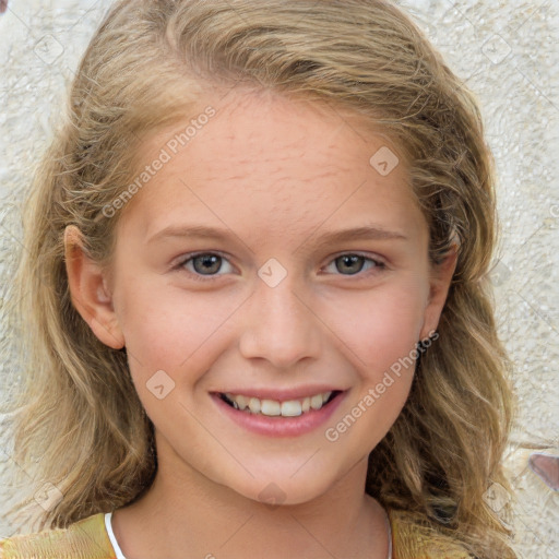Joyful white child female with medium  brown hair and grey eyes