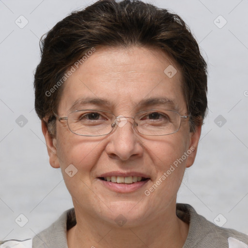 Joyful white adult female with short  brown hair and brown eyes