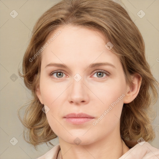 Neutral white young-adult female with medium  brown hair and green eyes