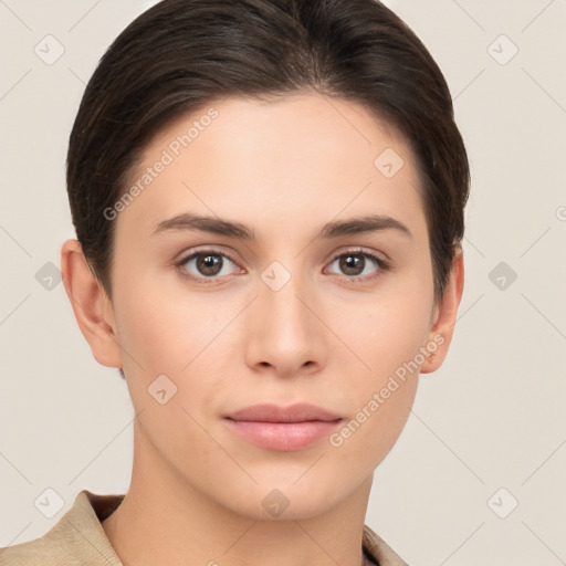 Neutral white young-adult female with short  brown hair and brown eyes