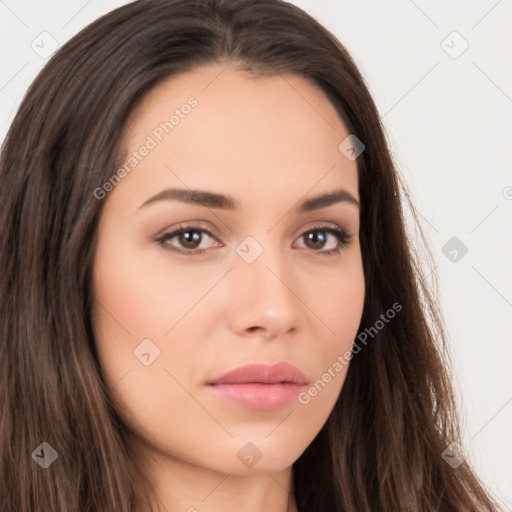 Neutral white young-adult female with long  brown hair and brown eyes