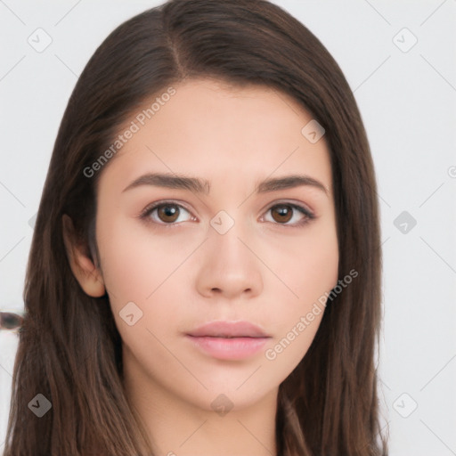 Neutral white young-adult female with long  brown hair and brown eyes