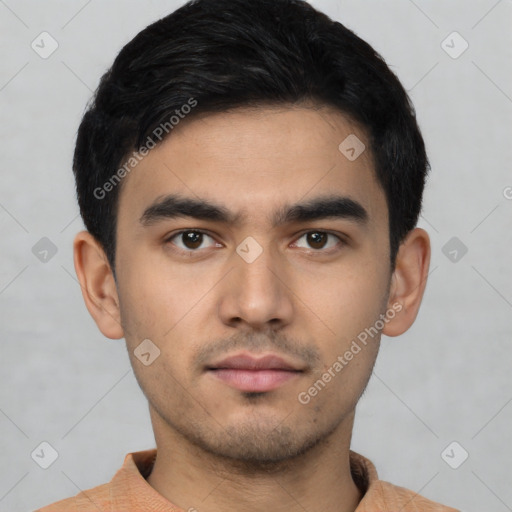 Neutral latino young-adult male with short  black hair and brown eyes