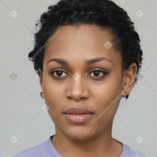 Neutral black young-adult female with short  black hair and brown eyes