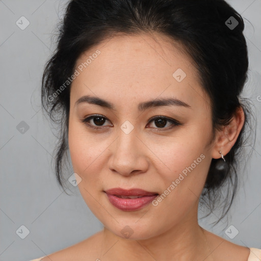 Joyful asian young-adult female with medium  brown hair and brown eyes