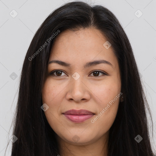 Joyful latino young-adult female with long  brown hair and brown eyes