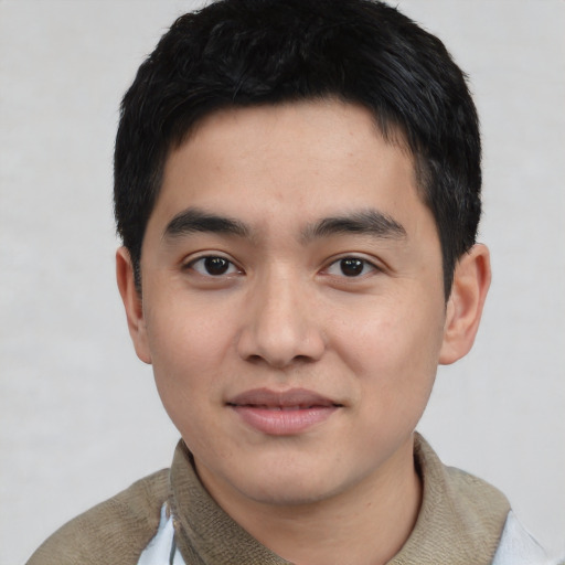 Neutral asian young-adult male with short  black hair and brown eyes