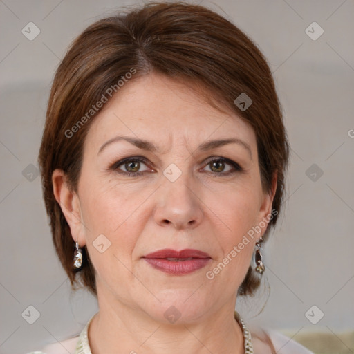 Joyful white adult female with medium  brown hair and grey eyes