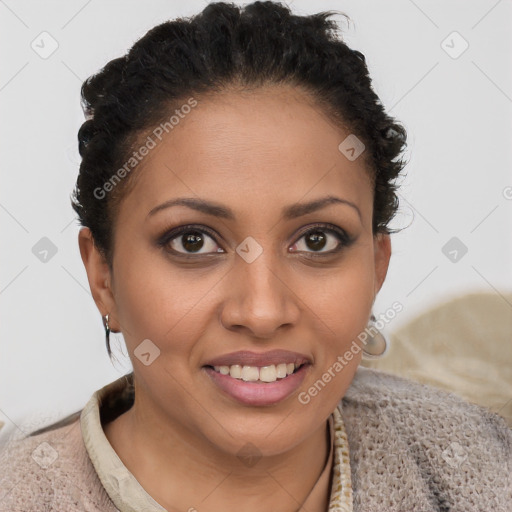 Joyful latino young-adult female with short  brown hair and brown eyes