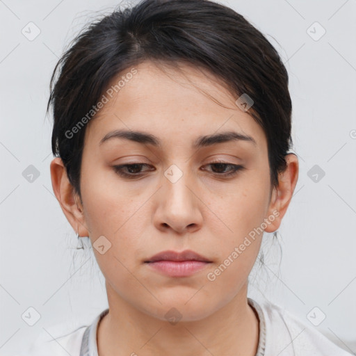 Neutral white young-adult female with medium  brown hair and brown eyes