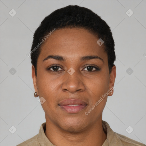 Joyful black young-adult female with short  black hair and brown eyes