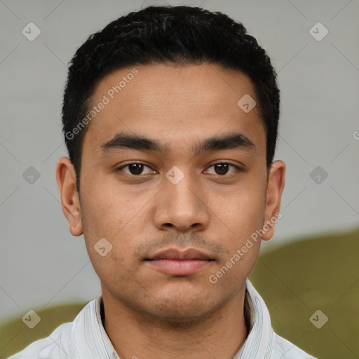 Neutral latino young-adult male with short  black hair and brown eyes