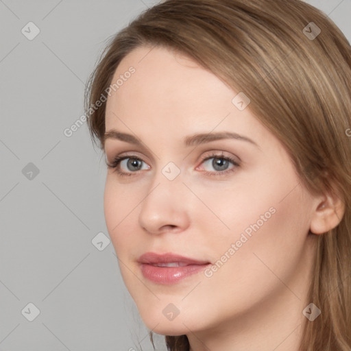 Neutral white young-adult female with long  brown hair and grey eyes