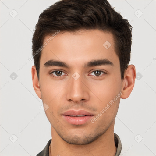 Neutral white young-adult male with short  brown hair and brown eyes