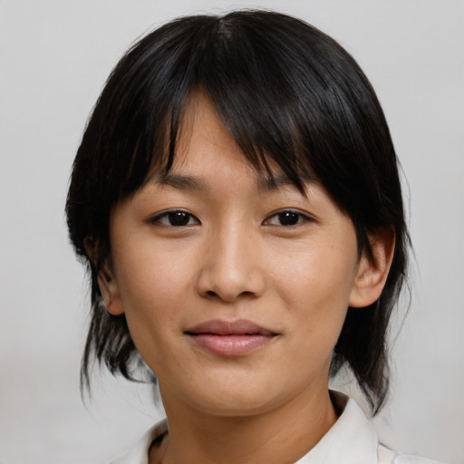 Neutral asian young-adult female with medium  black hair and brown eyes