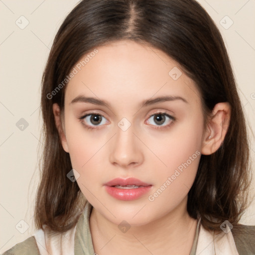 Neutral white young-adult female with medium  brown hair and brown eyes