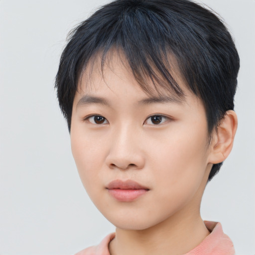 Neutral asian young-adult female with short  brown hair and brown eyes