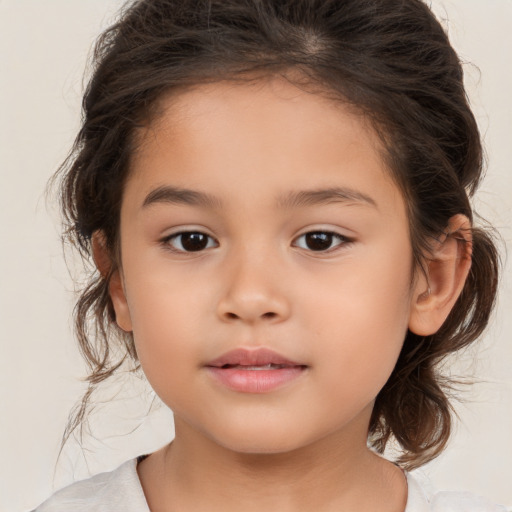 Joyful white child female with medium  brown hair and brown eyes