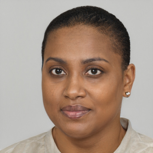 Joyful black young-adult female with short  black hair and brown eyes