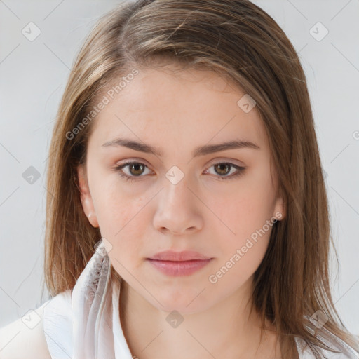 Neutral white young-adult female with medium  brown hair and brown eyes