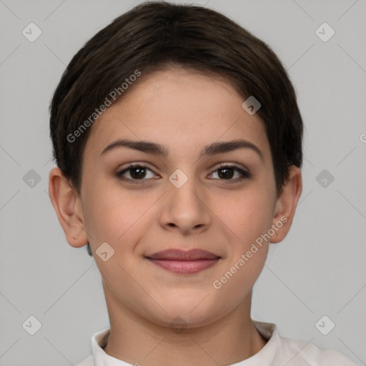 Joyful white young-adult female with short  brown hair and brown eyes