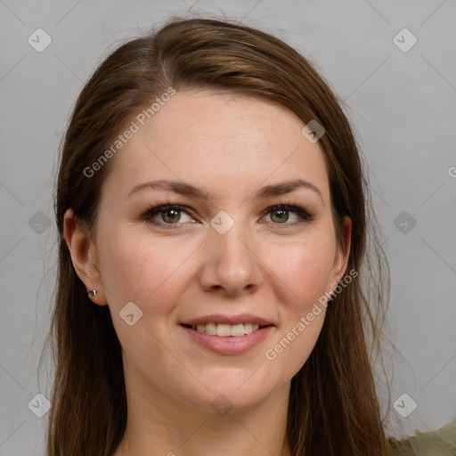 Joyful white young-adult female with long  brown hair and grey eyes