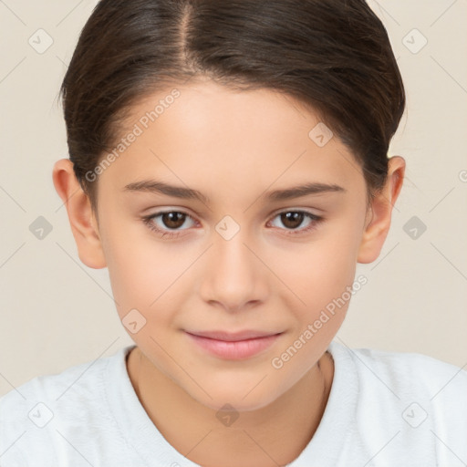 Joyful white child female with short  brown hair and brown eyes