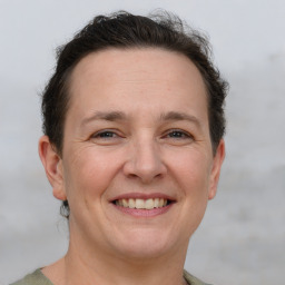 Joyful white adult female with short  brown hair and grey eyes