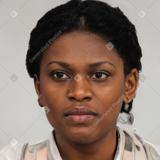 Neutral black young-adult female with short  black hair and brown eyes