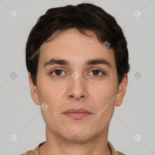 Neutral white young-adult male with short  brown hair and brown eyes