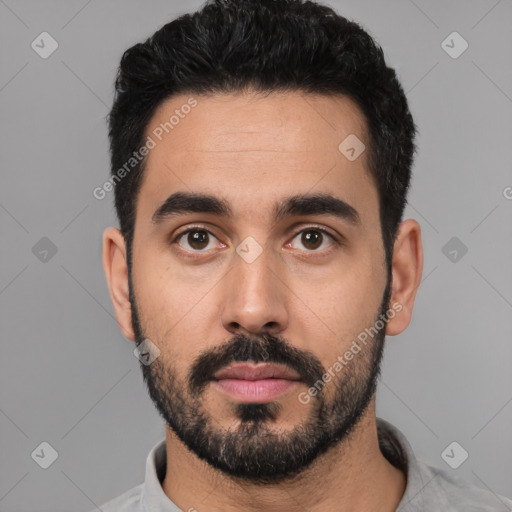 Neutral latino young-adult male with short  black hair and brown eyes