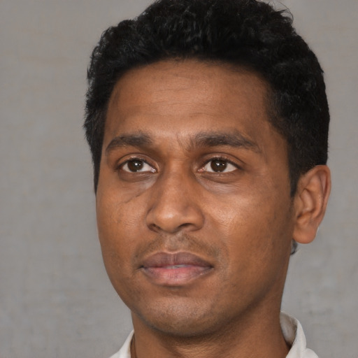 Neutral black adult male with short  black hair and brown eyes