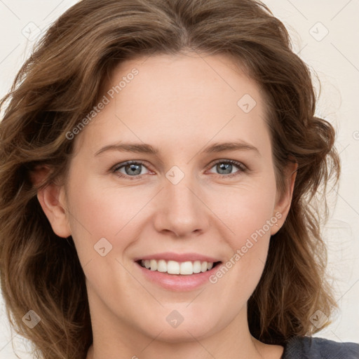 Joyful white young-adult female with medium  brown hair and green eyes