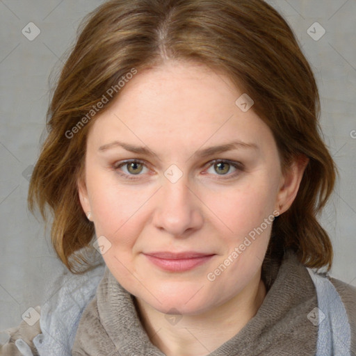 Joyful white young-adult female with medium  brown hair and blue eyes