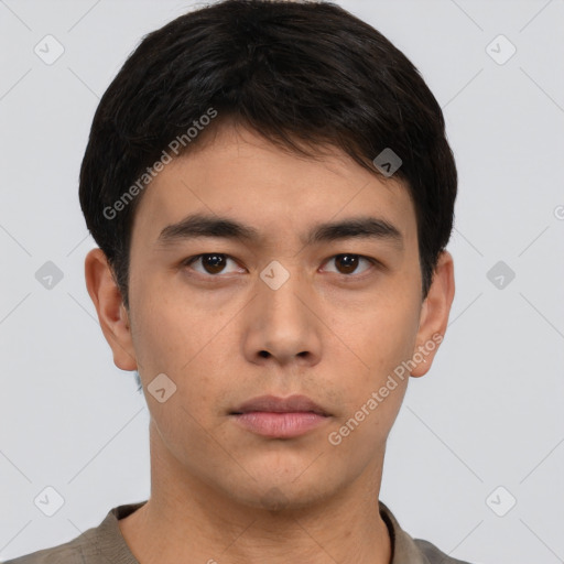 Neutral asian young-adult male with short  brown hair and brown eyes