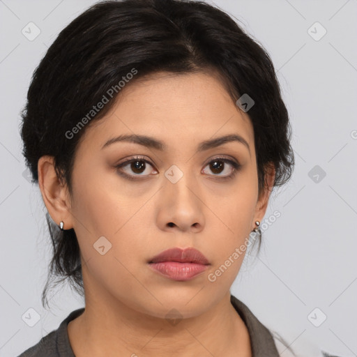 Neutral asian young-adult female with medium  brown hair and brown eyes