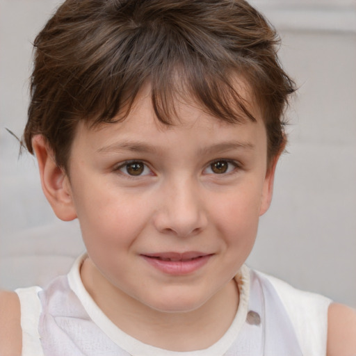 Joyful white child female with short  brown hair and brown eyes