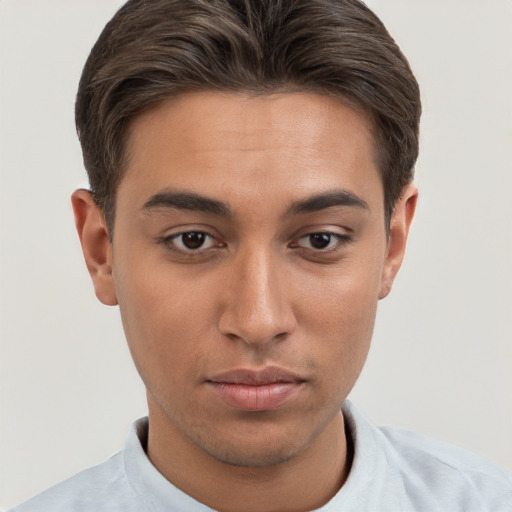 Neutral white young-adult male with short  brown hair and brown eyes