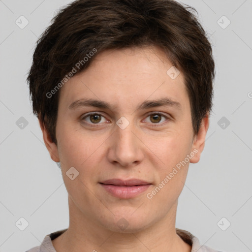 Joyful white young-adult female with short  brown hair and brown eyes