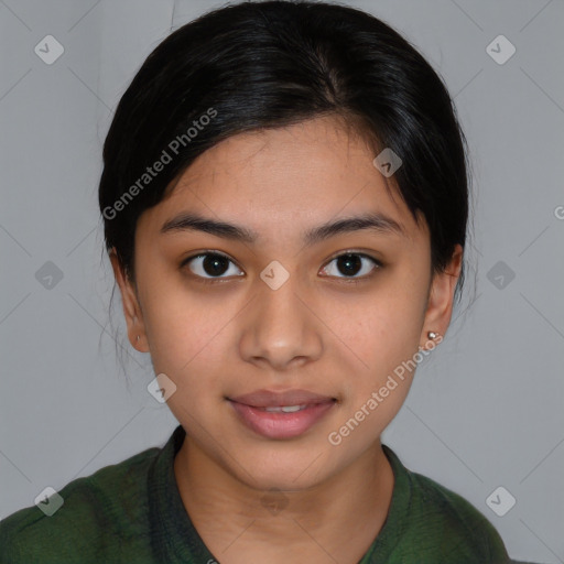 Joyful latino young-adult female with medium  brown hair and brown eyes