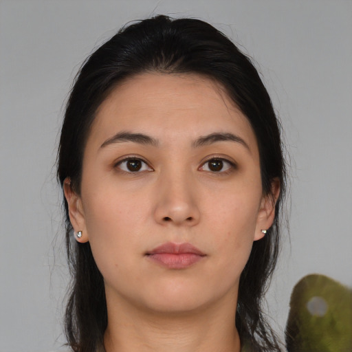 Neutral asian young-adult female with long  brown hair and brown eyes