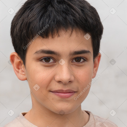 Joyful white child male with short  brown hair and brown eyes