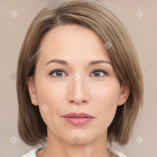 Neutral white young-adult female with medium  brown hair and grey eyes