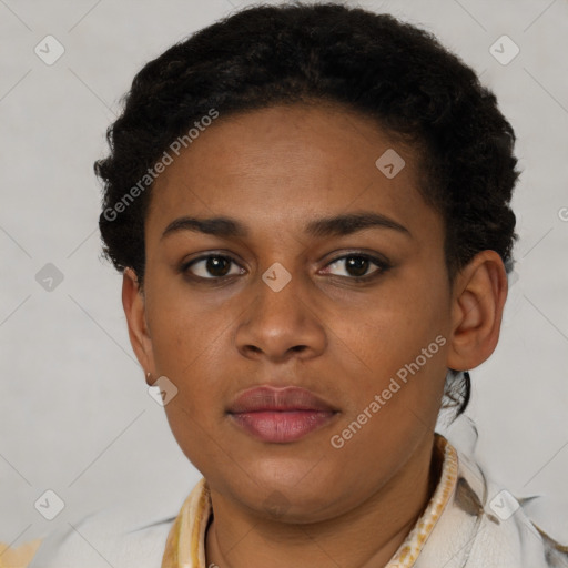 Neutral black young-adult female with short  brown hair and brown eyes