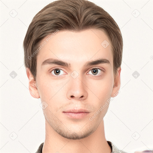 Neutral white young-adult male with short  brown hair and brown eyes