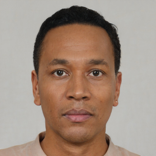 Neutral black adult male with short  black hair and brown eyes