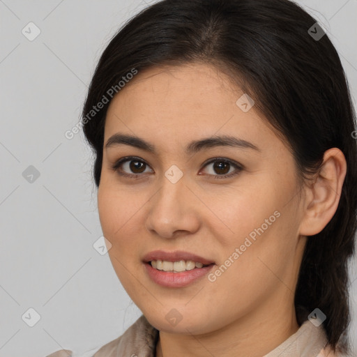 Joyful white young-adult female with medium  brown hair and brown eyes