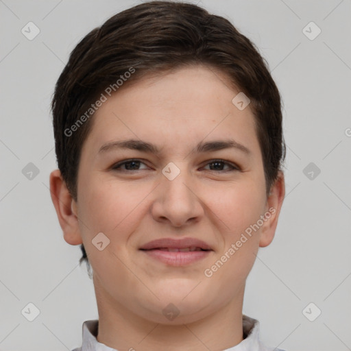 Joyful white young-adult female with short  brown hair and brown eyes